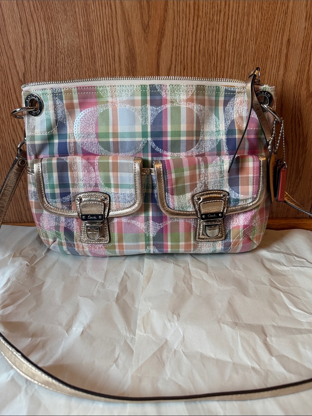 3 piece Coach Metallic Trim Plaid Crossbody Set in Pastel Multicolor - Picture 3 of 14